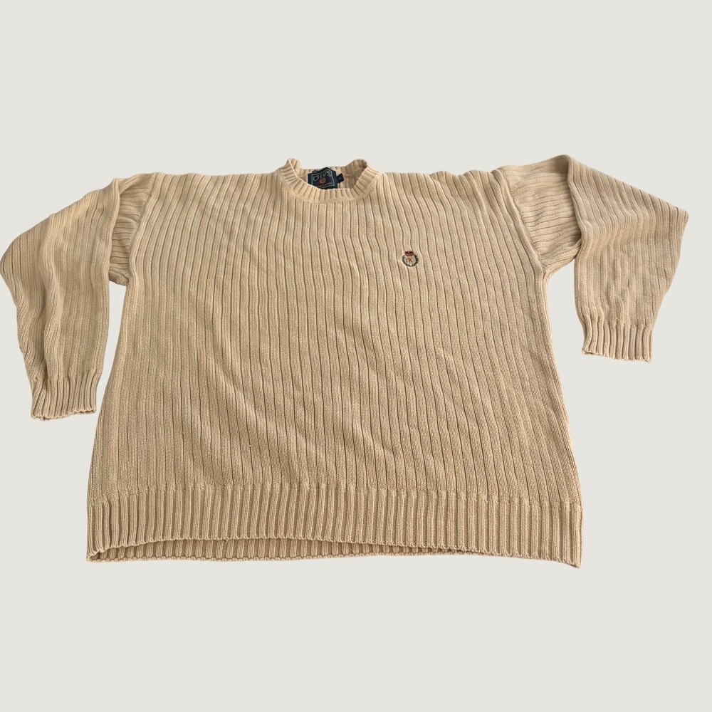 Vintage Chaps Ralph Lauren Mens XL Cream Ribbed Cotton Knit Crest Sweater Beige - Picture 2 of 7